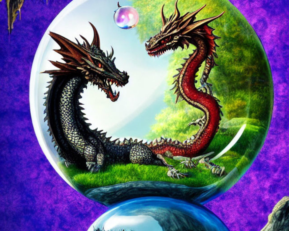 Dragons surrounding reflective spheres with lush landscape and Earth in surreal setting
