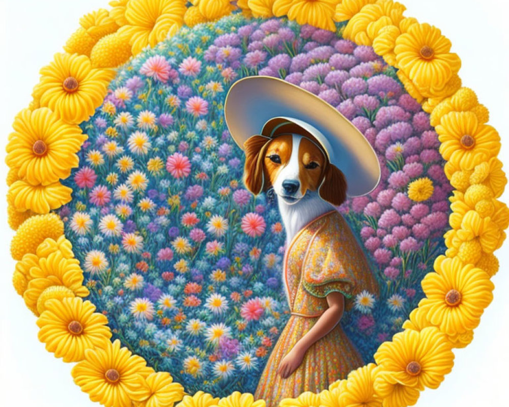 Dog with human-like features in dress and hat, surrounded by colorful flower circle