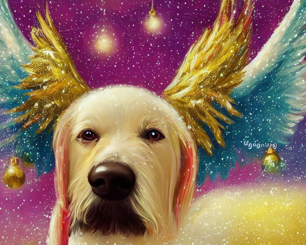 Whimsical white dog with angel wings under starry sky and Christmas ornaments.