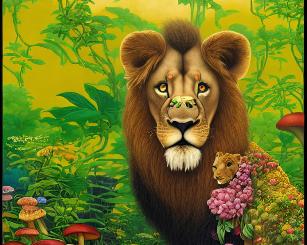 Stylized lion and lioness in vibrant jungle scene