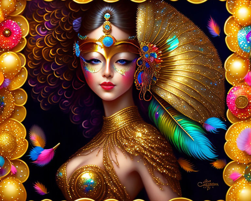 Colorful illustration of a masked woman with gold and peacock feathers.