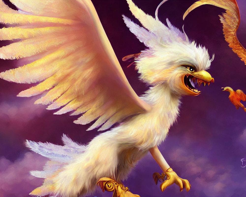 Colorful bird-like creature with open wings on purple background