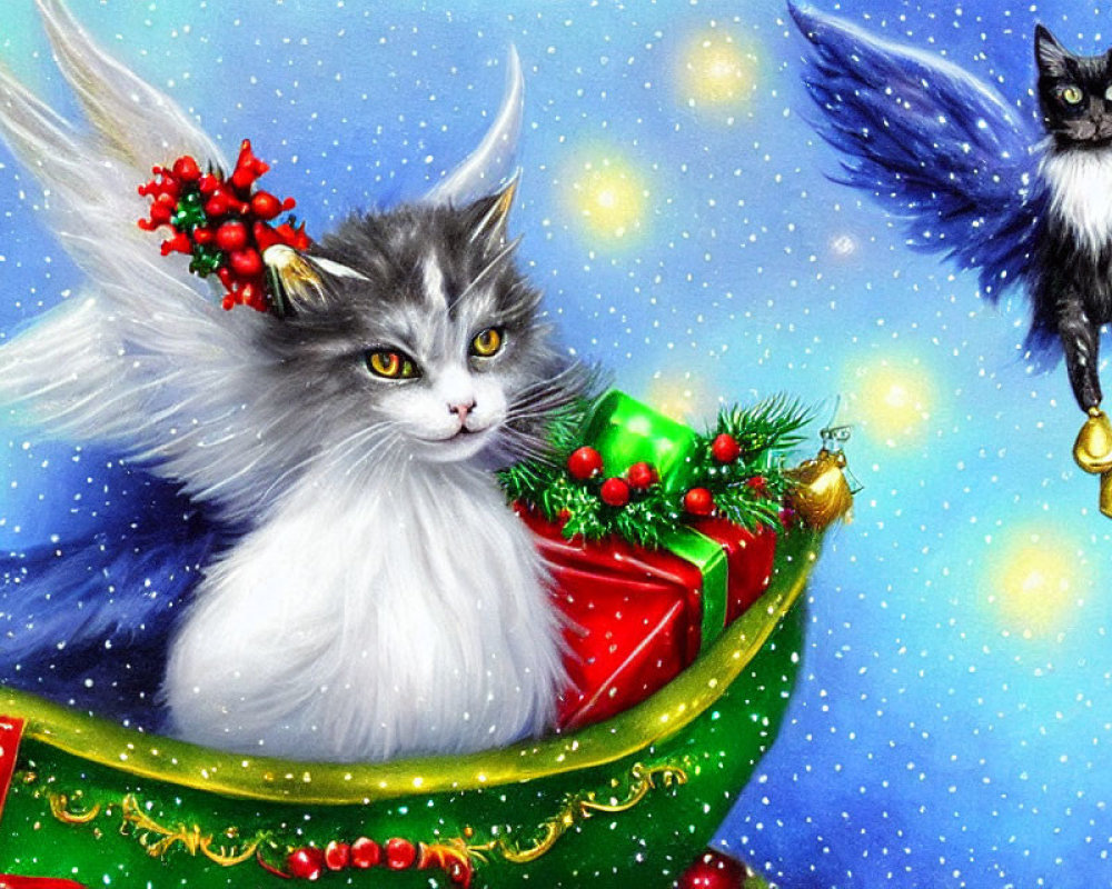 Whimsical illustration: Fluffy white cat with angel wings in festive sleigh