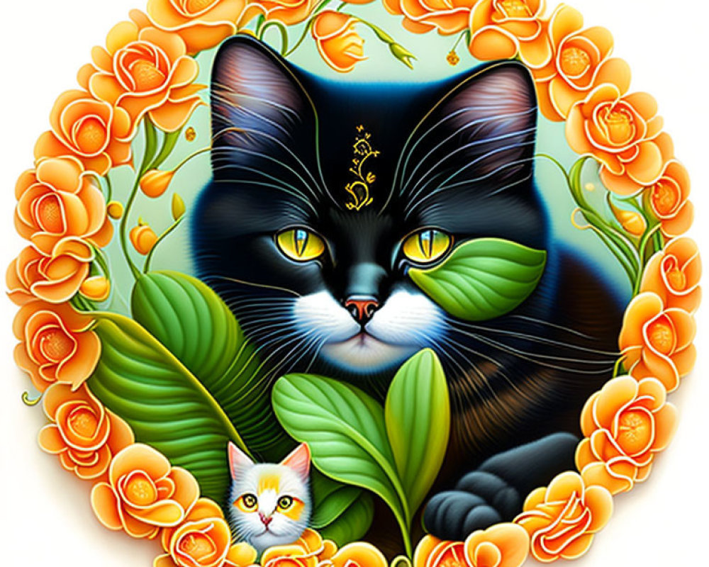 Colorful Illustration of Black and White Cat with Kitten in Orange Floral Frame