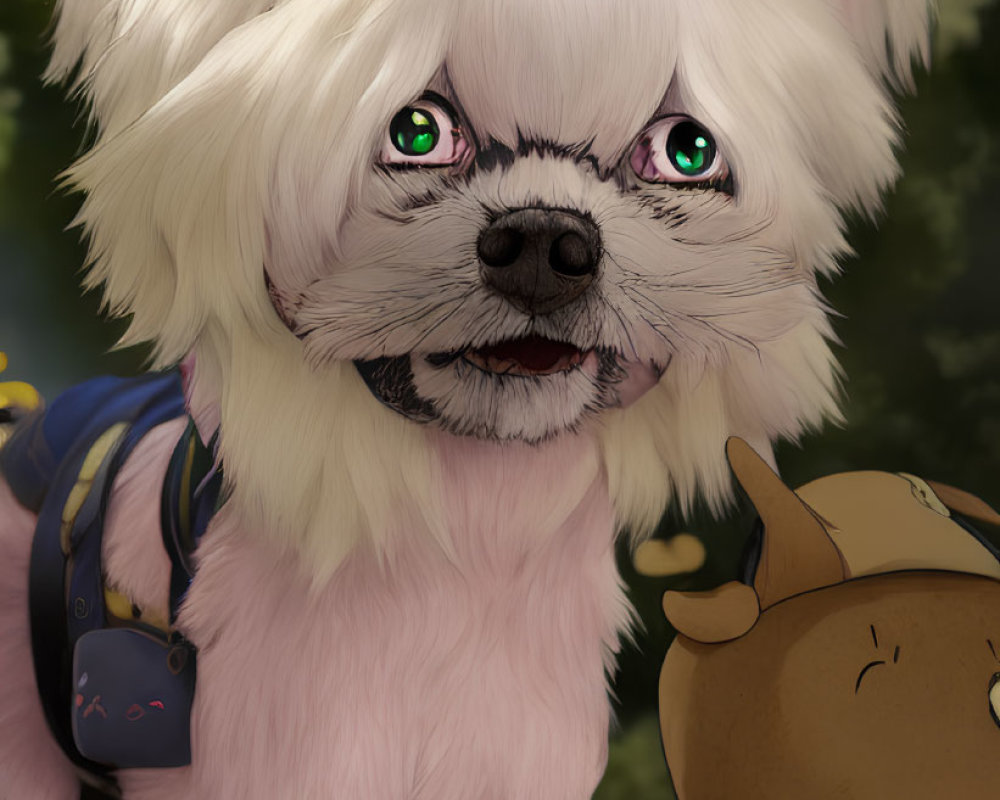 Pink anthropomorphic dog with green eyes and white tuft, blue backpack, beside brown teddy bear