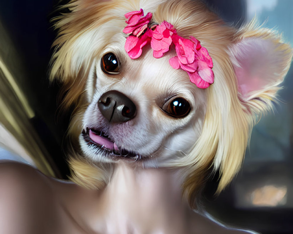 Digital artwork: Dog's face on human body with flower headband