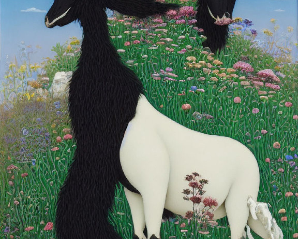 Surreal painting: Conjoined goat-bodied animals with black llama heads in vibrant meadow
