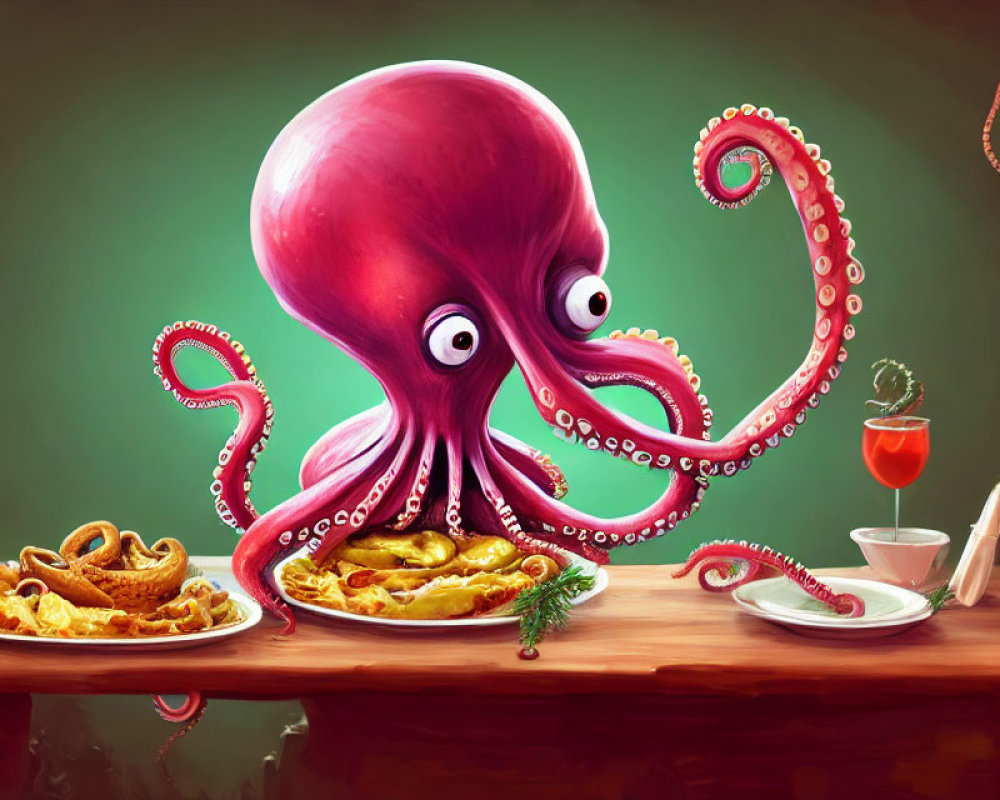 Pink Octopus Illustration Serving Pasta and Tea on Green Background