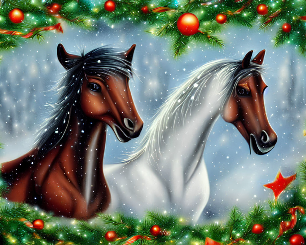Illustrated horses with lustrous manes in festive winter scene