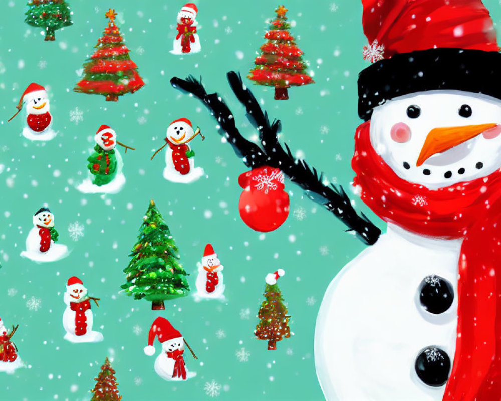 Winter snowman scene with dancing snowmen and Christmas trees on mint green.