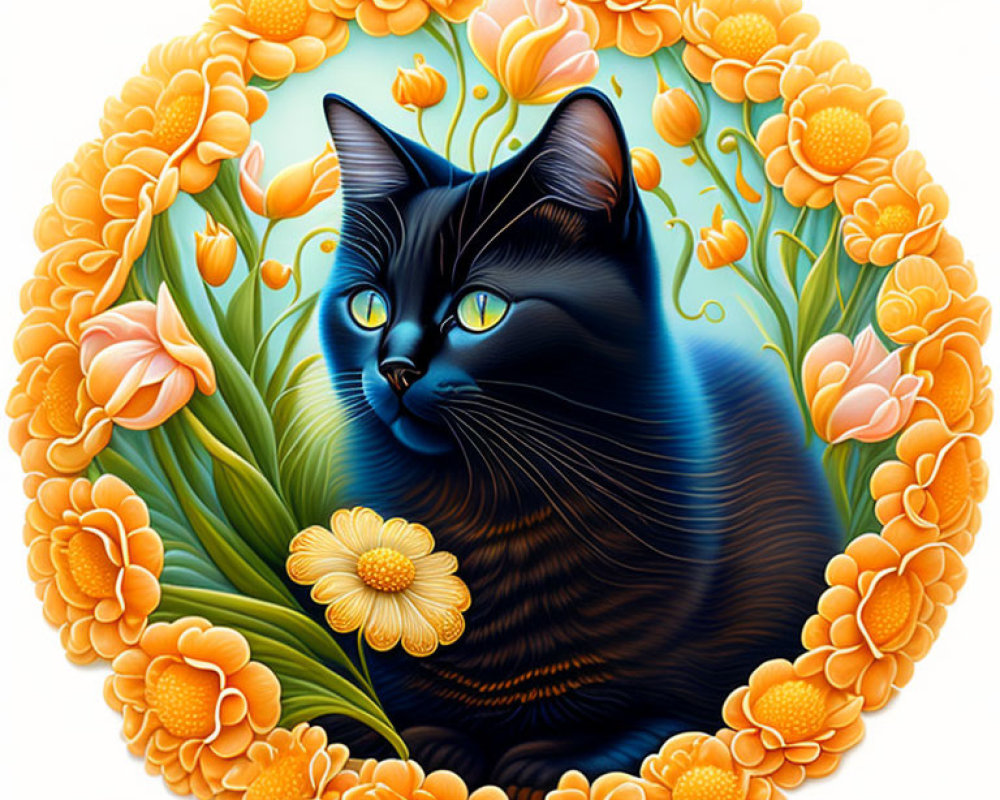 Vivid Black Cat Surrounded by Orange and Yellow Flowers on White Background