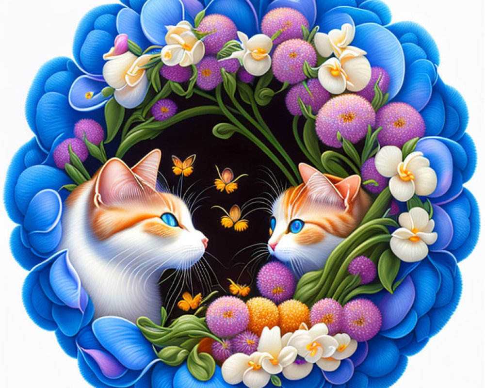 Stylized cats with butterflies in floral setting on black background