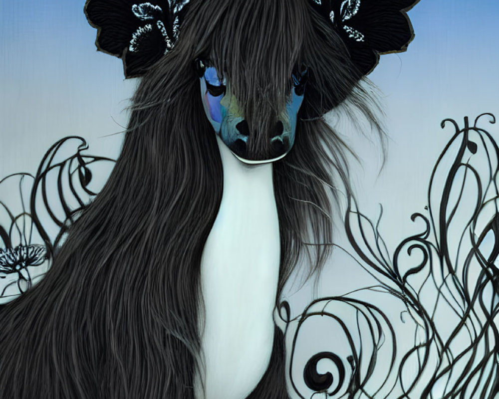Fantasy Unicorn Illustration with Long Mane, Gold Horn, and Blue Eyes