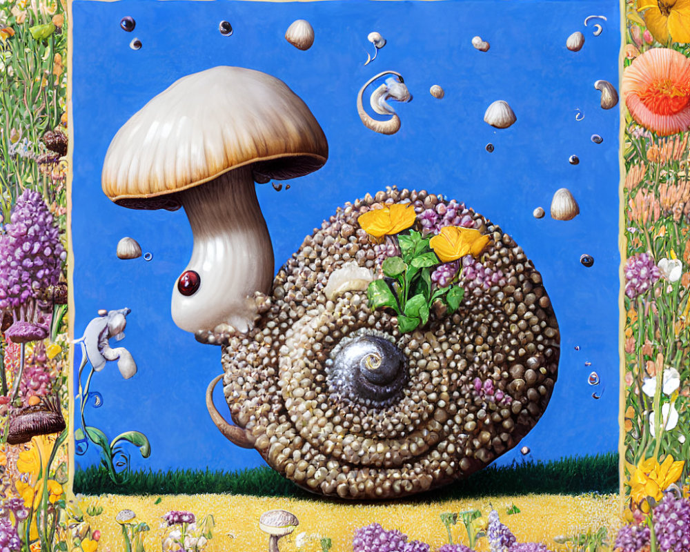 Whimsical snail painting with mushroom cap shell in vibrant flower landscape