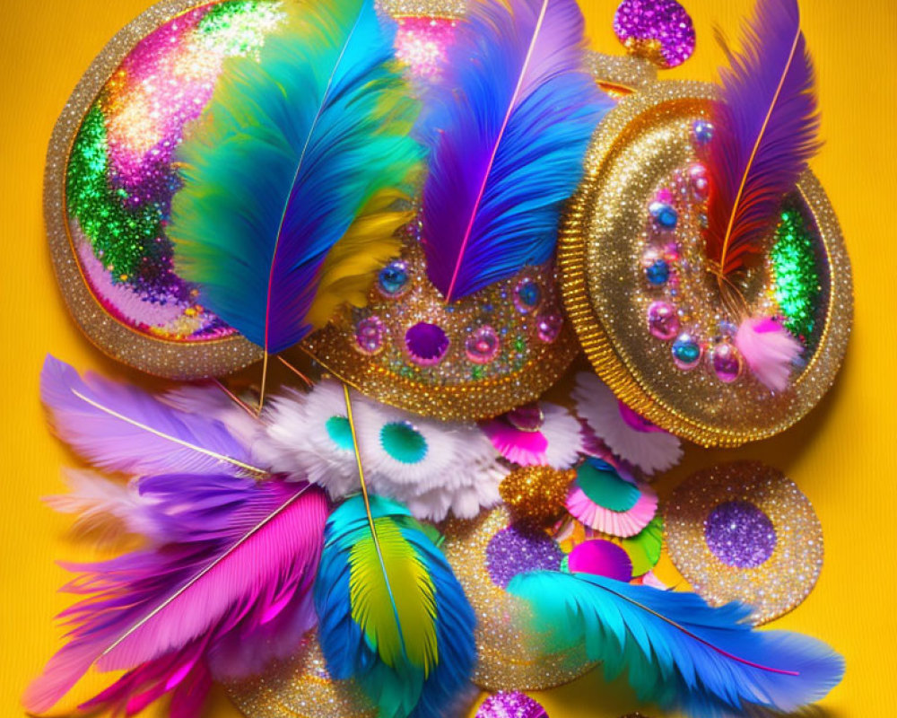 Vibrant feathers and sequined carnival masks on yellow backdrop