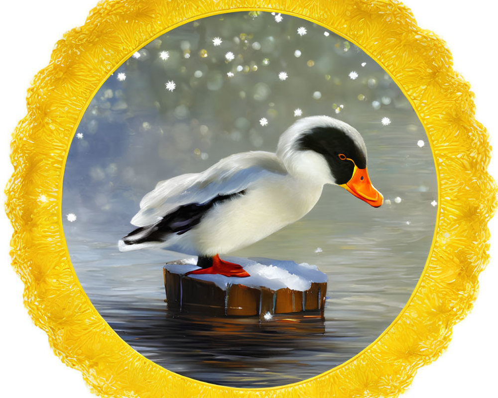 Illustration of Black-Headed Duck on Snowy Platform with Yellow Border