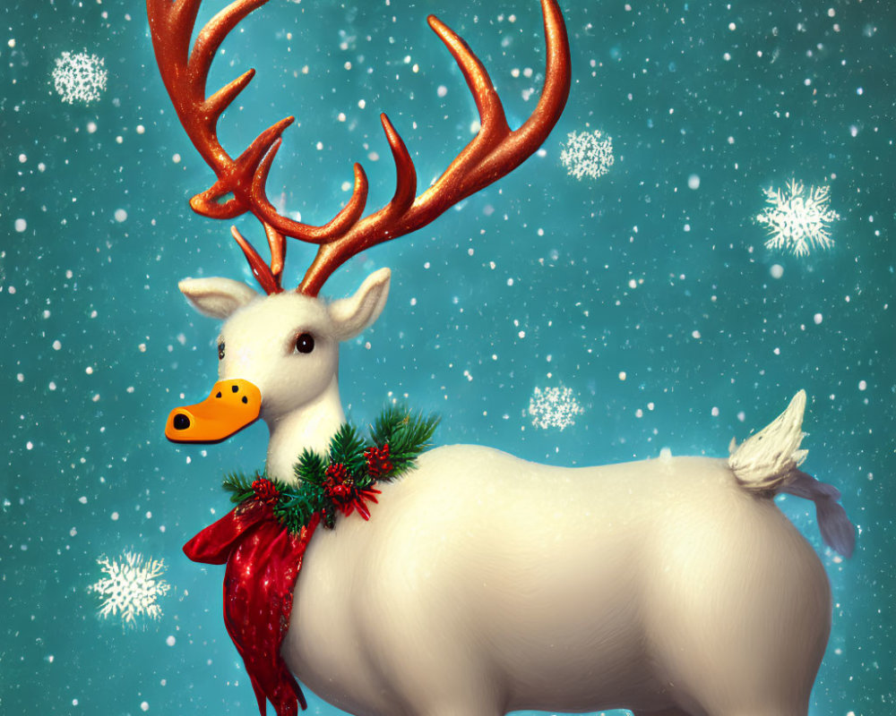 Majestic reindeer with glowing antlers in falling snowflakes