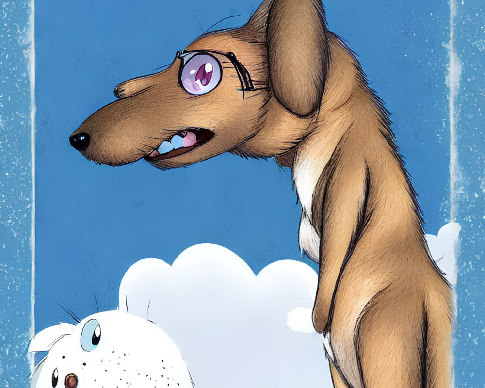 Brown dog with glasses surprises white cat in comic-style illustration