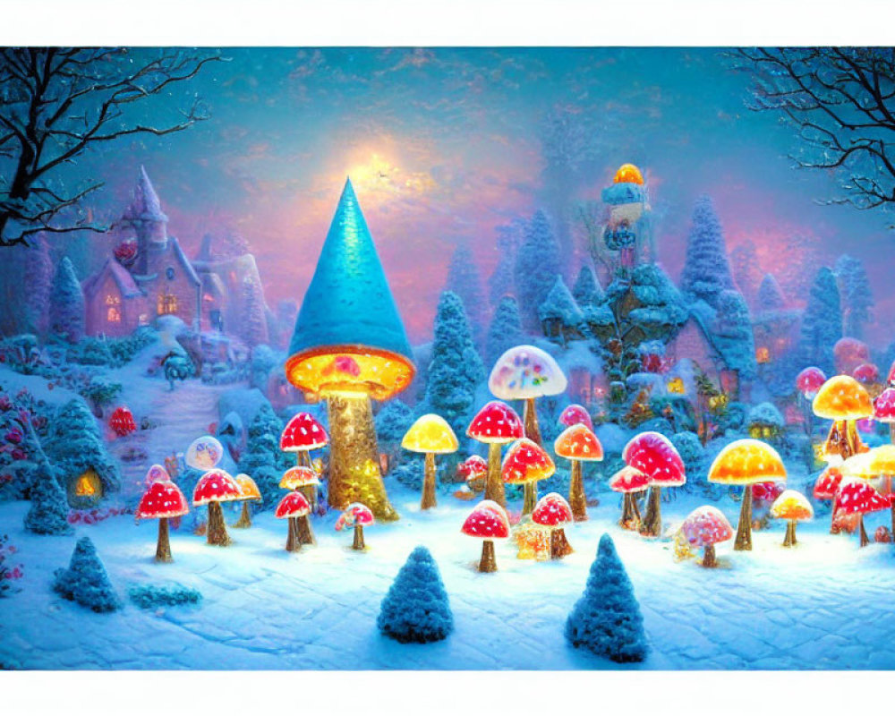 Enchanted winter village with mushroom houses and glowing light
