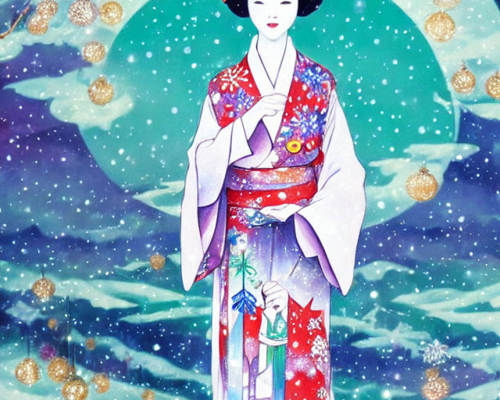 Japanese Geisha in Kimono with Moonlit Sky and Golden Ornaments