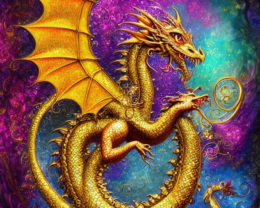 Detailed golden dragon illustration on cosmic background