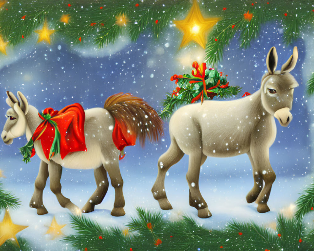 Festive donkeys in snowy Christmas scene with trees and lights