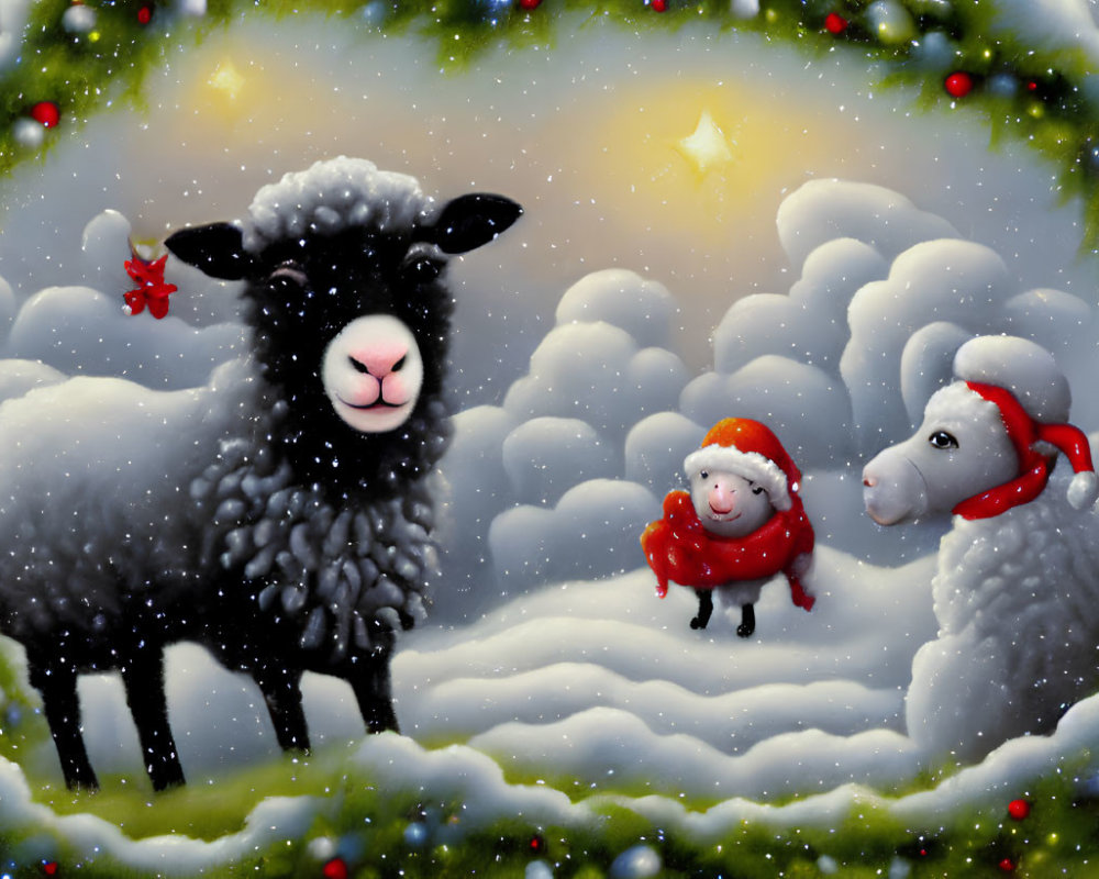 Cartoon sheep in festive attire in snowy landscape with holly leaves and starry sky