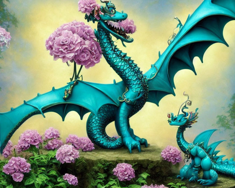 Illustration of Three Turquoise Dragons and Pink Roses in Floral Setting