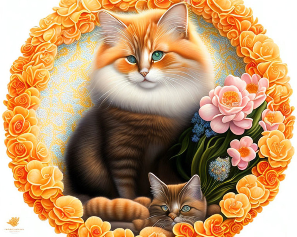 Illustration of two cats surrounded by orange roses
