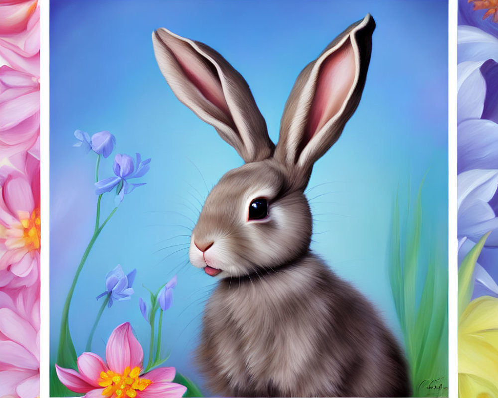Colorful Flowers Surround Cute Brown Rabbit with Large Ears in Digital Painting