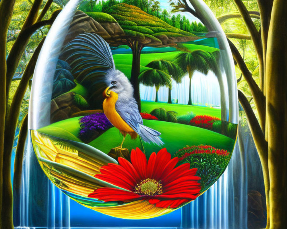 Colorful bird perched on vibrant flora in nature scene encapsulated in droplet