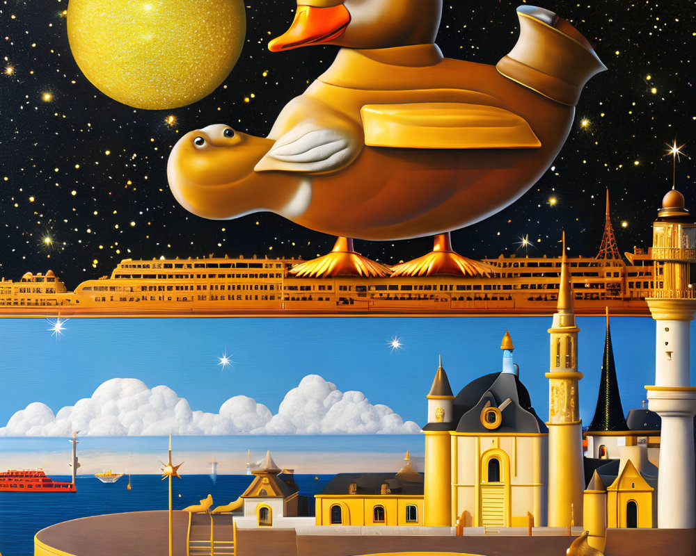Giant rubber ducks in whimsical coastal cityscape with starry sky