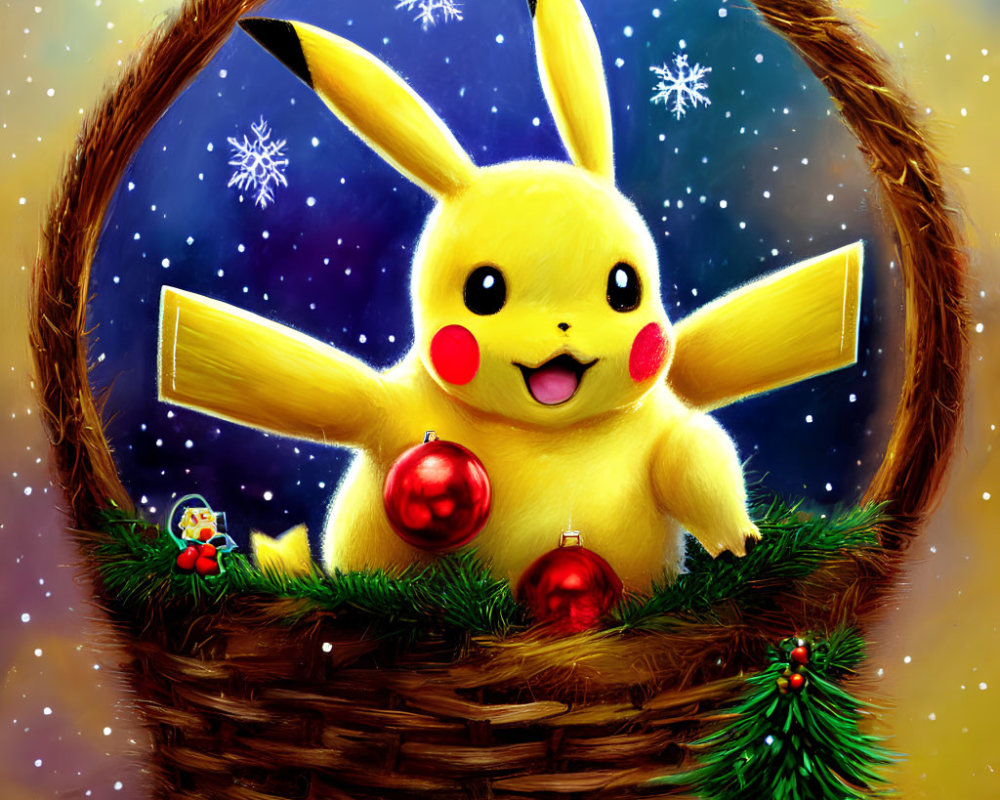 Festive Pikachu illustration in Christmas basket with ornaments and snowflakes