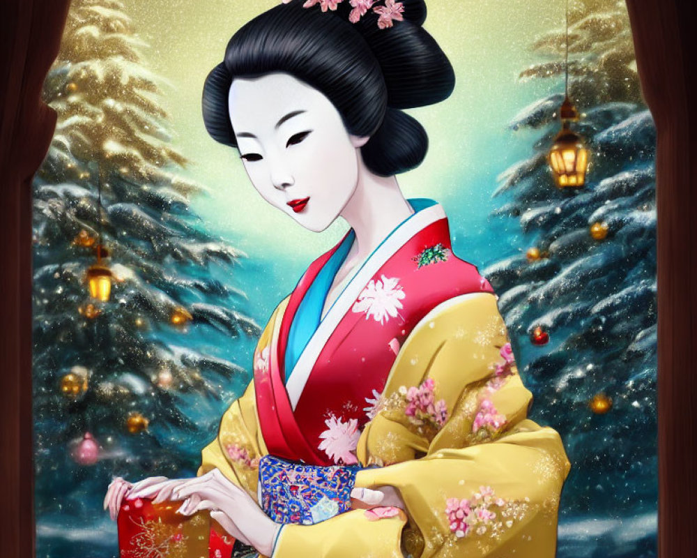 Colorful Kimono Geisha Illustration in Snowy Night Scene