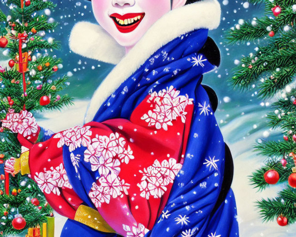 Person in Vibrant Blue and Red Kimono by Christmas Tree with Snow and Presents