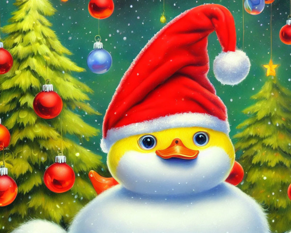 Snowman with Santa hat and duck face in Christmas scene.