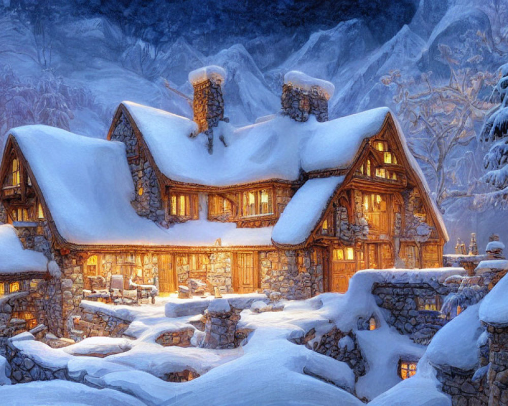 Snow-covered cabin in serene mountain landscape at dusk
