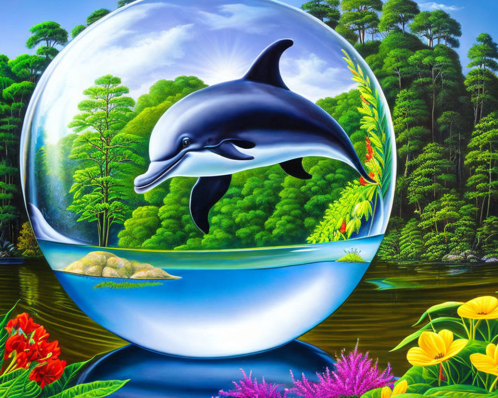 Dolphin leaping from water bubble in lush forest scene