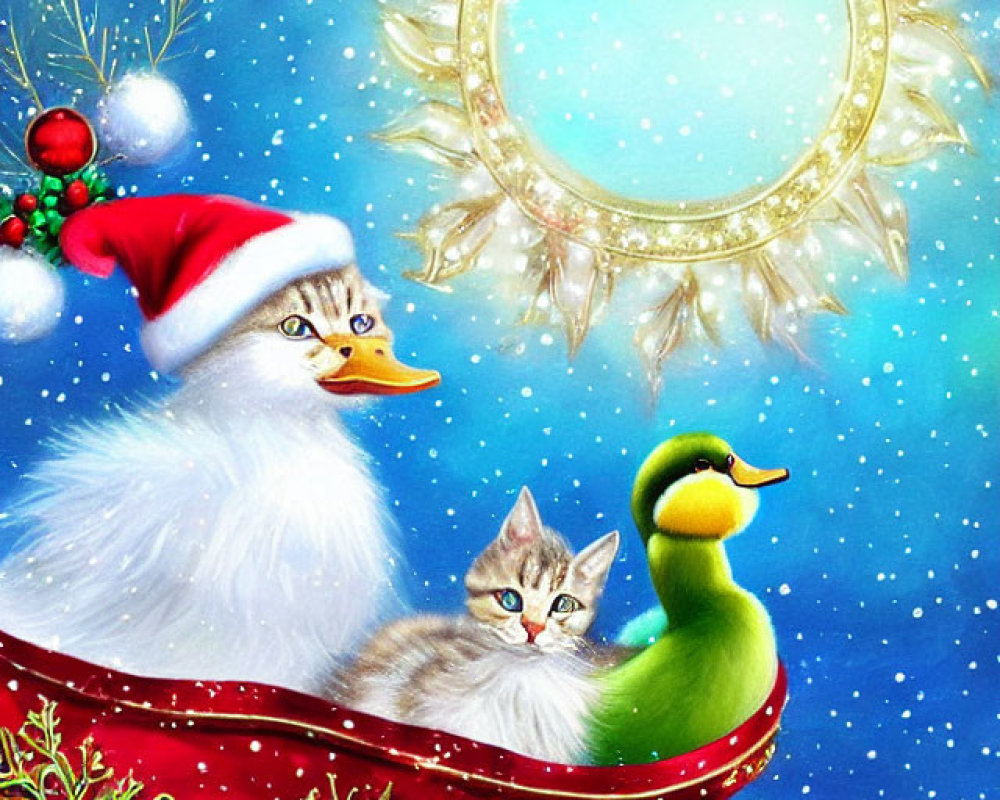 Holiday-themed illustration featuring duck, kitten, and duckling in sleigh amidst snowy scene