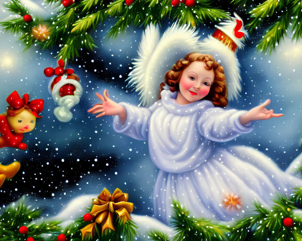 Winter angel illustration with pine branches, red berries, ornaments, and snowflakes.