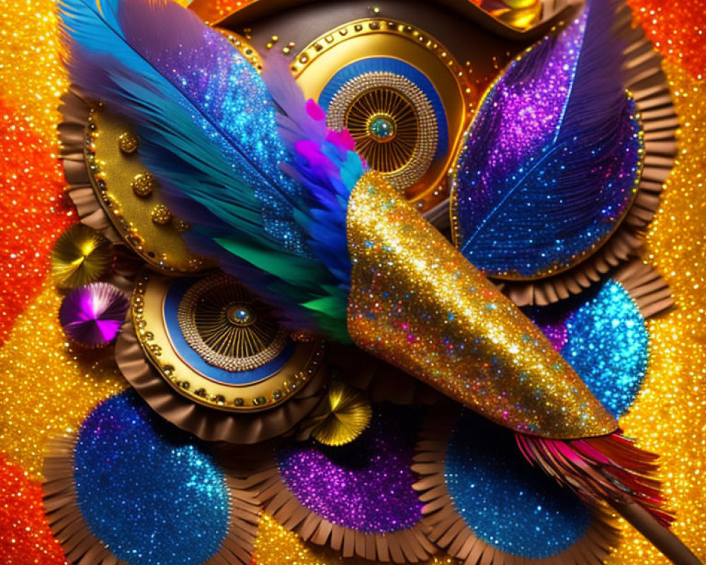 Vibrant digital artwork of bird with blue, purple, and golden feathers on glittery red backdrop