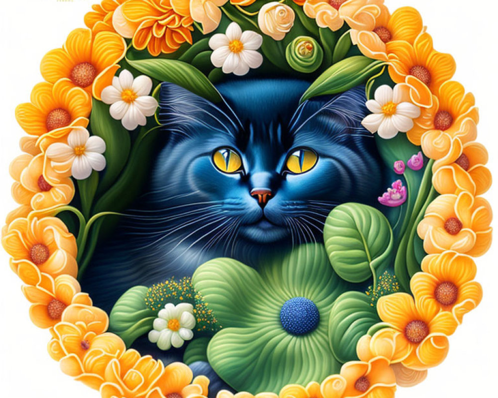 Colorful Blue Cat Artwork with Floral Wreath in Yellow, White, and Orange