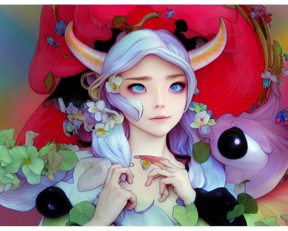 Fantasy female character with horns and blue hair holding an orange slice amidst flowers and butterflies