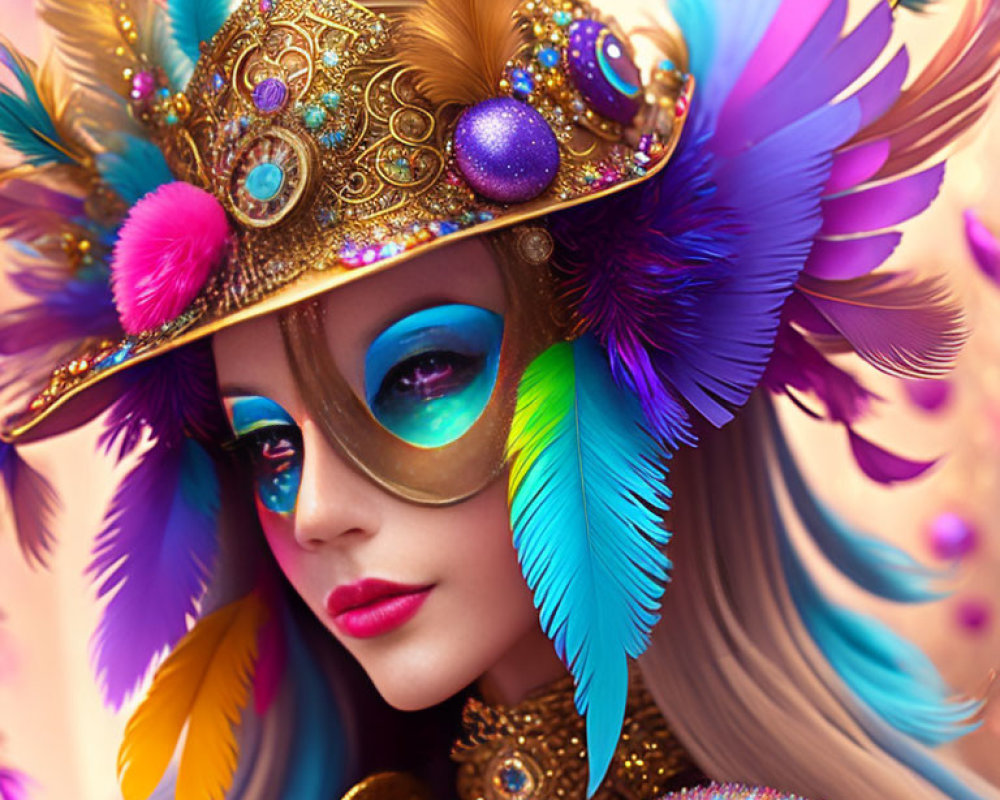 Colorful digital artwork of woman in ornate golden mask with feathers and tiara