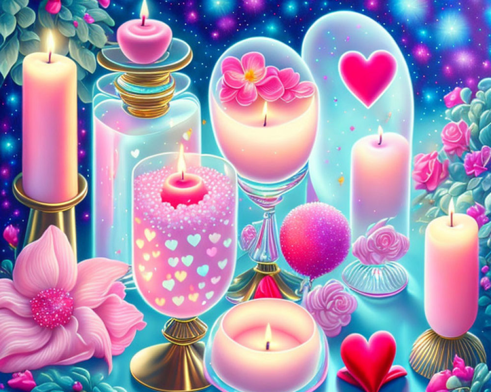 Colorful digital artwork of candles, hearts, flowers, and stones in a magical scene