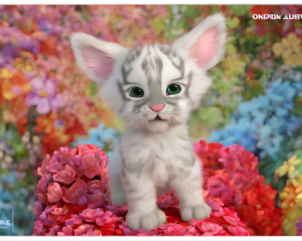 Fluffy kitten with green eyes in colorful flower setting