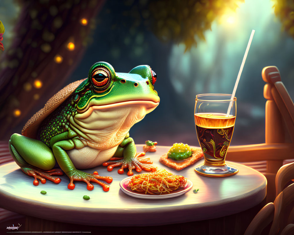 Colorful Frog Enjoying Meal in Fairytale Forest Setting