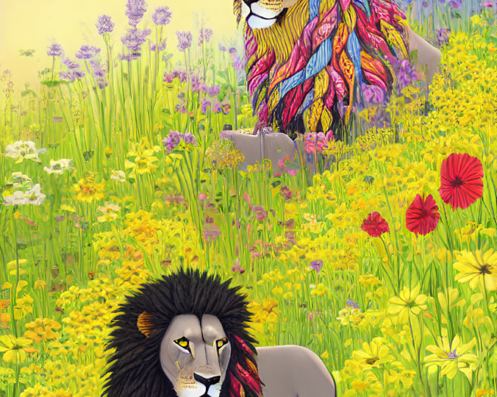 Vibrant illustration of two lions in flower field with rainbow mane
