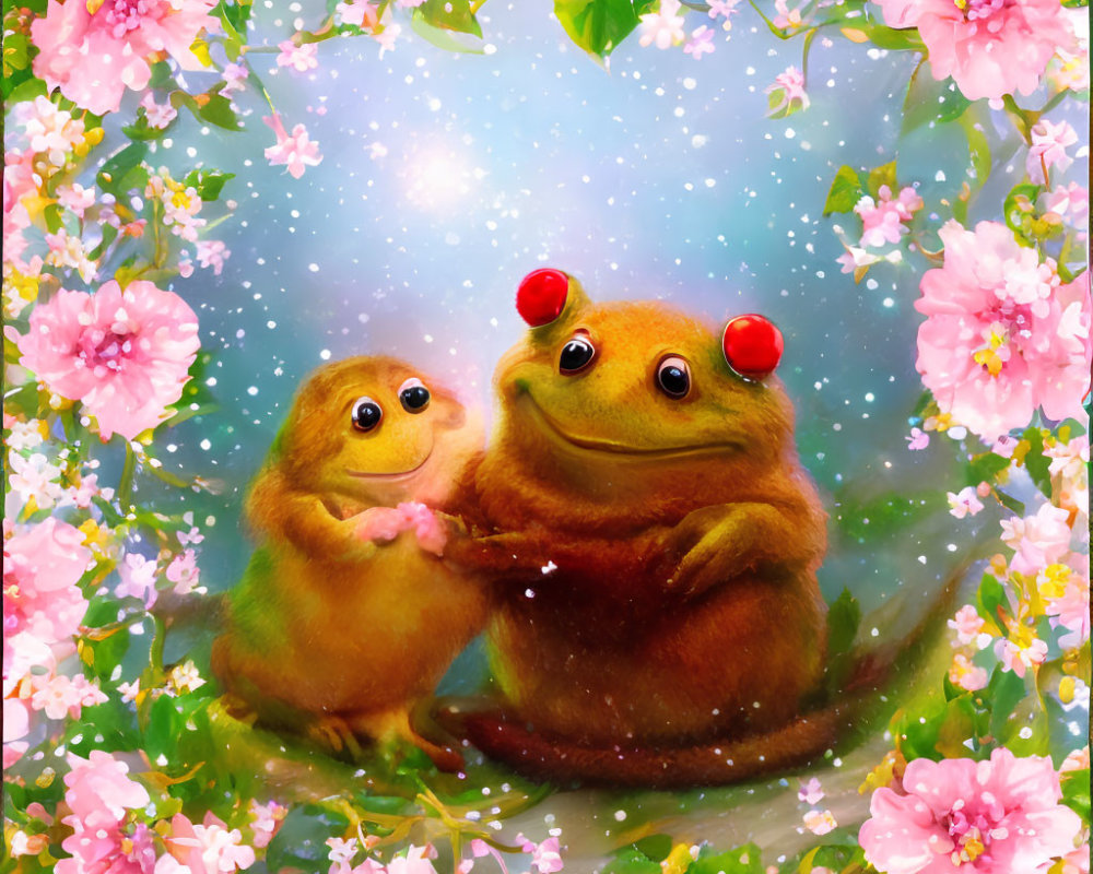 Cartoon frogs with red hats under pink blossoms in starry scene