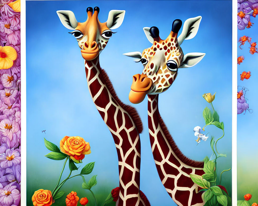 Cartoon giraffes peeking through colorful flower frame on blue sky background